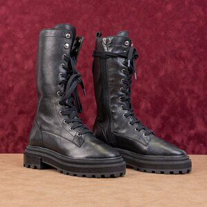 Schutz Women Moly Black Leather Lace-up Festival Combat Knee Boots sz 5